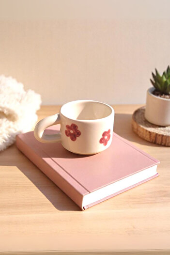 YUUGI CERAMIC Handmade Ceramic Mug Pink Flower Patterned Mug Cup 180 ml Mug Coffee Cup