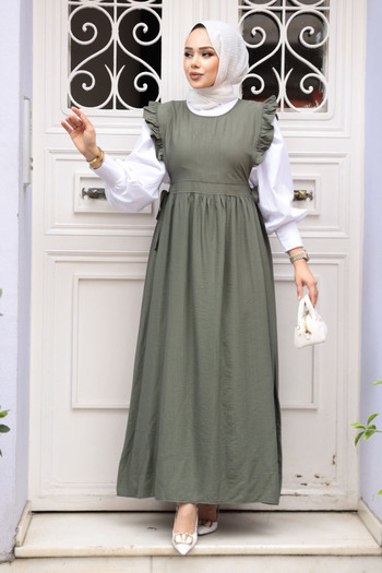 N.S NEVA STYLE Φόρεμα με βολάν Λεπτομερές Χακί Hijab Gilet 17051HK