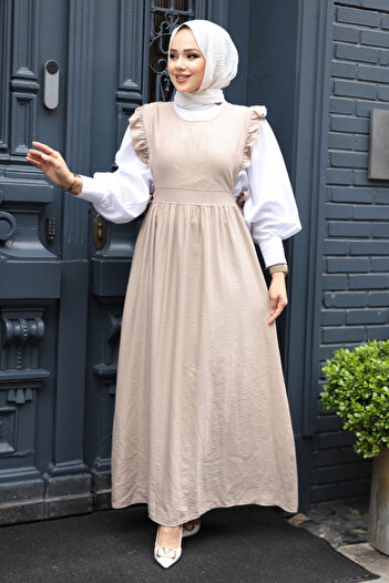 N.S NEVA STYLE Ruffle Detailed Dark Beige Hijab Gilet Dress 17051Kbej
