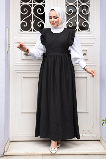 N.S NEVA STYLE Ruffle Detailed Black Hijab Gilet Dress 17051S