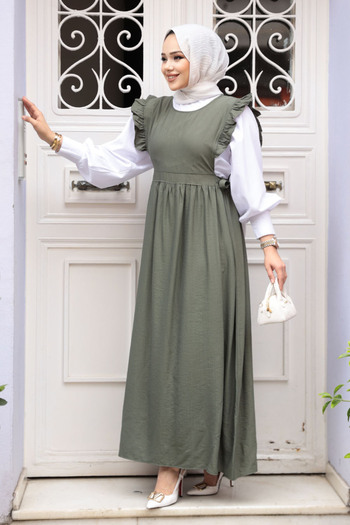 N.S NEVA STYLE Φόρεμα με βολάν Λεπτομερές Χακί Hijab Gilet 17051HK