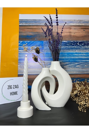 Zigzag Home Dear Ivy Vase with 2 Candle Holders as a Gift White Color