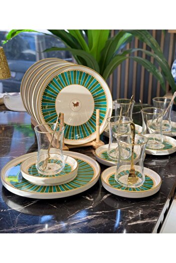 Onedekor 18 Parça Green Bird Garden Pasta Çay Takımı Seti