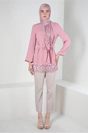 Alvina Hem Lace Detail Belted Blouse 42802