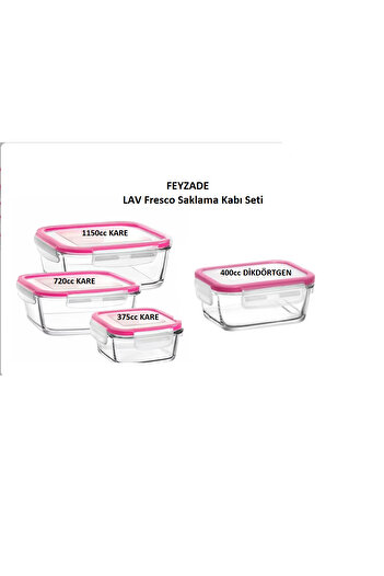 LAV Feyzade Fresco Locked Glass Storage Container Set Pink Lid 4 Pieces (1150Cc-720Cc-400Cc-375Cc)