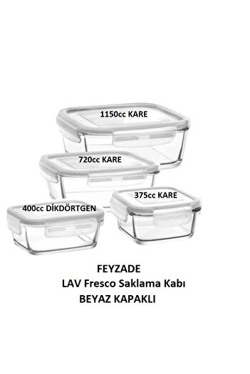LAV طقم حاوية تخزين زجاجية مغلقة من Feyzade Fresco بغطاء أبيض 4 قطع (1150CC-720CC-400CC-375CC)
