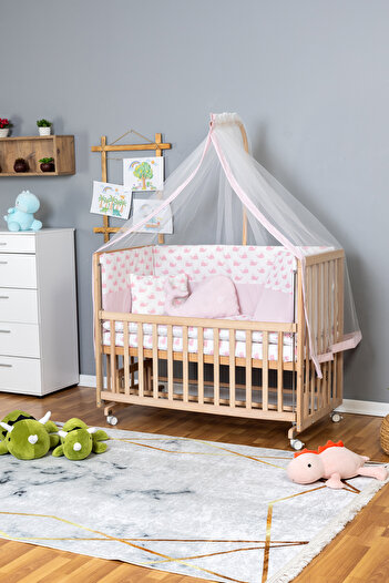Bamgidoo Ahşap Beşik Anne Yanı Beşik Organik 70x130 - Pembe Balina Uyku Seti + Yataklı + Tekerlekli