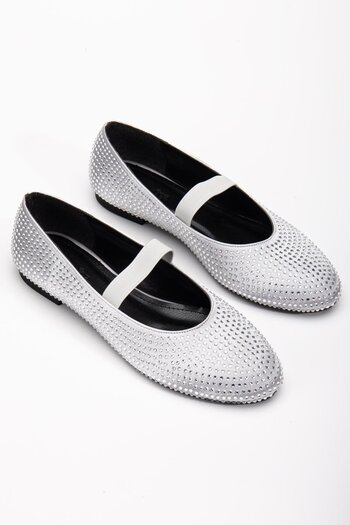 Dilimler Ayakkabı Women's Ballerinas Silver Satin Stone Elastic Band Round Toe