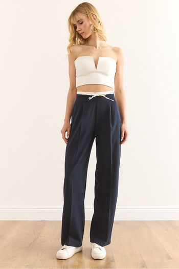 Olalook Women's Navy Blue Boxer Detailed Drawstring Pocket Palazzo Pants Pnt-19000315