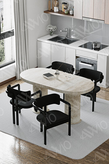 AVVİO Traverten 80X 140 Yemek Masası Mutfak Masası 4 Kişilik Masa Sandalye Takımı