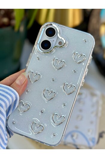 Go Aksesuar iPhone 16 Compatible 3D Metal Heart Design Silicone Case with Epoxy Toy