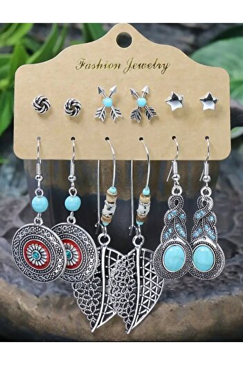 Silver Bohemian Ethnic Style Women's Fashionable Drooping Earrings and Nails Set, Multi-Piece Set in Silver Color