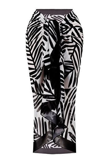 CUPSEA Black Leaf Pattern Pareo Satin See-Through Long 95X150