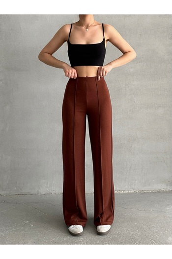 BEJNA Braune gerippte Modalhose mit hoher Taille für Damen