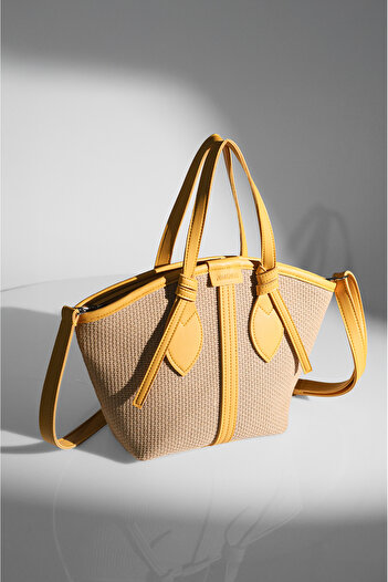 Rimense Women's Yellow Straw Lined Zippered Hand and Shoulder Bag