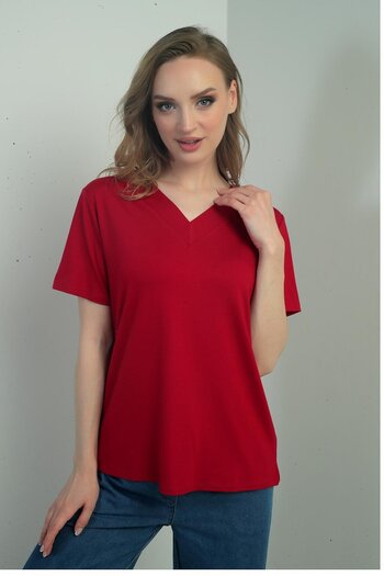 By Saygı Women's V-Neck Slit Short Sleeve Blouse