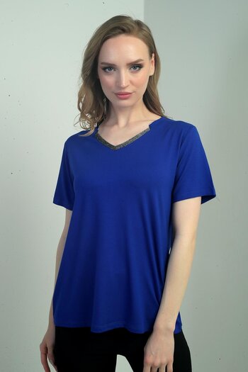 By Saygı Women's Glittery V-Neck Short Sleeve Blouse