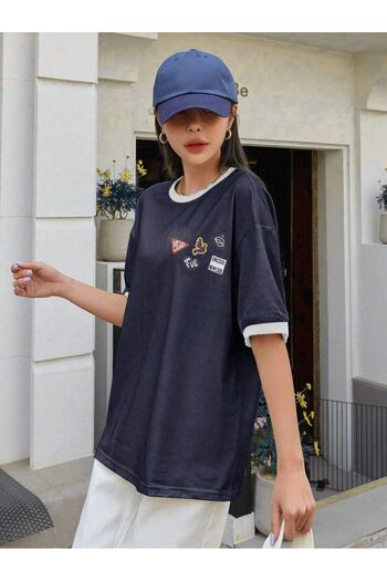 DUBU BUTİK Uncool Navy Blue Body White Piping T-Shirt - Oversize Crew Neck Short Sleeve T-Shirt