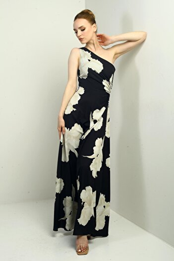 By Saygı Women's One Shoulder Side Window Large Leaf Print Long Crepe Satin Dress