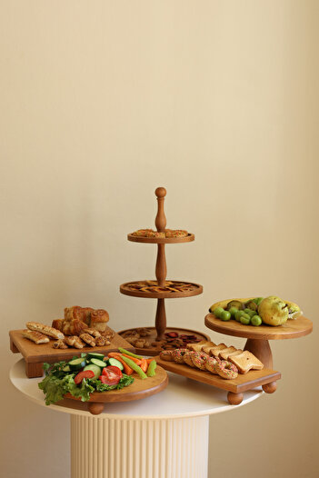 justwood 5-Piece Wooden Cake Presentation - 3-Tier Cake Stand, 29 Cm Cake Stand, 29 Cm Risus, 17x30 Risus, 30x30 Tityos