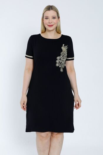 İntensive women black plus size short sleeve embroidery detailed dress