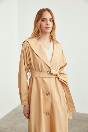 Zühre Beige Hooded Trench Coat 13435 - Waist Belt Detailed