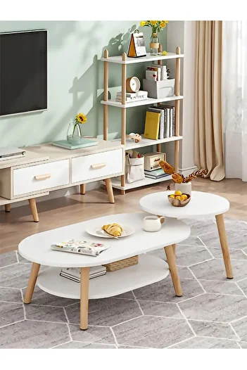Taimi Nesting Coffee Table for Living Room, Large Oval Coffee Table with 2Layers(80x45x30)+(40x40x38)cm