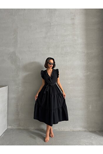 BEJNA Women's Black Flounce Double Breasted Collar Dress