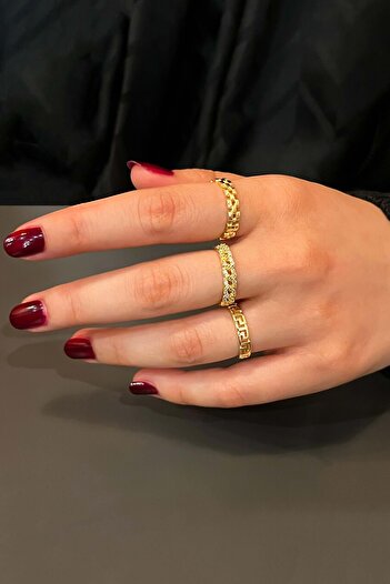 TREND COLLECTİON Zirkon Taşlı Gold Ayarlanabilir 3'lü Kadın Yüzük Seti