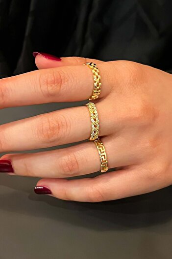 TREND COLLECTİON Zirkon Taşlı Gold Ayarlanabilir 3'lü Kadın Yüzük Seti
