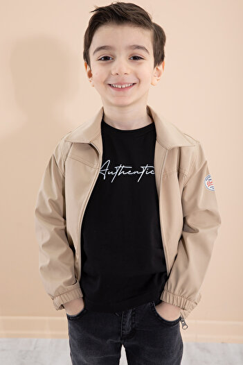 Cansın Mini Boy's Coffee Back Printed Zippered Jacket Trousers 3 Piece Set 20282
