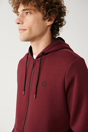 Avva Men's Hooded Dark Burgundy Sweatshirt - 3 Thread Zipper E 001019