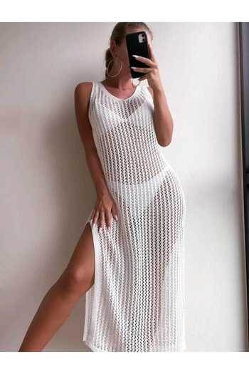 Bracha Rochie de plajă Pareo 100% bumbac, cu mâneci zero, model ajurat, cu decolteu în V
