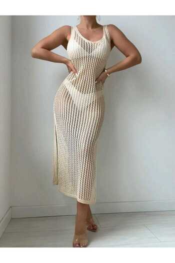 Bracha Zero Sleeve Openwork Pattern Slit Detail V-Neck 100% Cotton Pareo-Beach Dress
