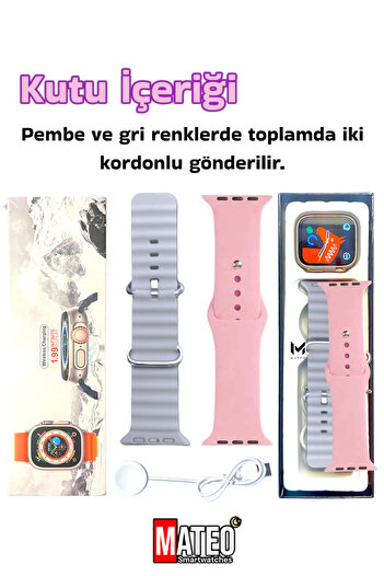 MATEO Akıllı Saat Watch 8 Ultra 45mm 1.99 Inç Türkçe Tüm Telefonlara Uyumlu Bluetooth Arama Gri Smartwatch