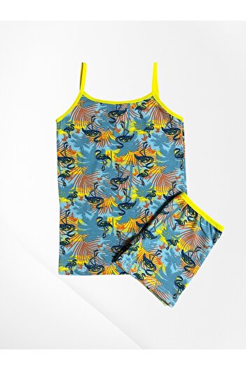 elmas kids Girl's 100% Cotton Flamingo Patterned Green Thin Strap Tank Top Boxer Set