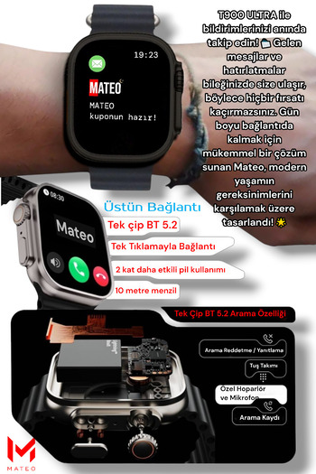 MATEO T900 ULTRA Akıllı Saat Siyah 49mm Bluetooth, Arama Özellikli, Sağlık Sensörlü, iOS & Android Uyumlu