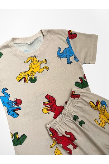 Pijamakids Boys' Cotton Beige Color Dinosaurs Patterned Short Sleeve Shorts Summer Pajama Set