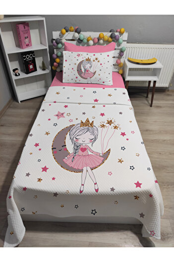 yok yok evim eve dair her şey 4 Piece Girl Sitting on the Moon Patterned Single Pi̇ke Bedspread Set with Elastic Sheets