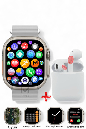 MATEO Akıllı Saat Watch Ultra 45mm ve Bluetooth Kablosuz Kulaklık Android ios Uyumlu 2 in 1