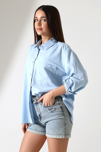 Corradeo Giyim New Season Oversize Pattern Linen Fabric Applique Women's Shirt with Pockets and Epaulettes