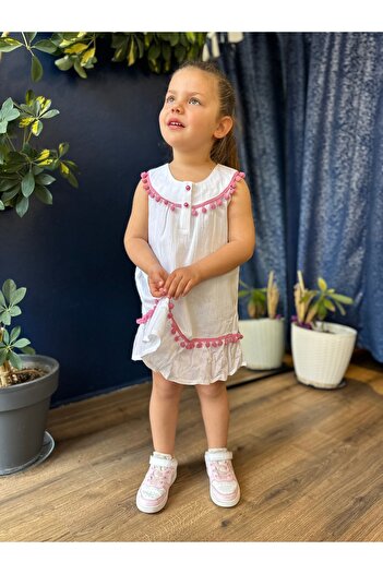 Fortuna Butik Pompom Şile Bezi̇ Children's Elbi̇ Dress