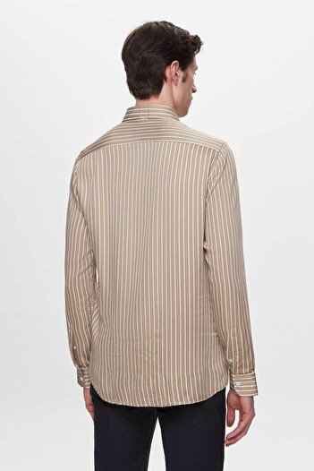 Twn Slim Fit Bej Çizgili Viskon Gömlek