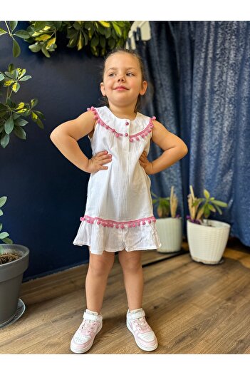 Fortuna Butik Pompom Şile Bezi̇ Children's Elbi̇ Dress