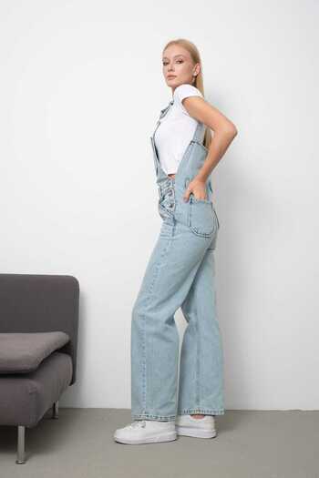 TRENDNATUREL Kar Yıkama Wide Leg Jean Salopet Tulum