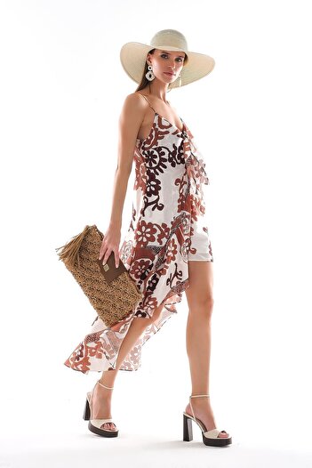 EXPLOSION Patterned Voile Thin Strap Skirt Flounce Chest Binding Detailed Blouse Side Pocket Shorts Set