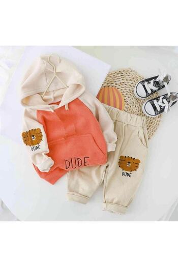 Bubito Dude Patterned Hooded Baby Bottom and Top Set