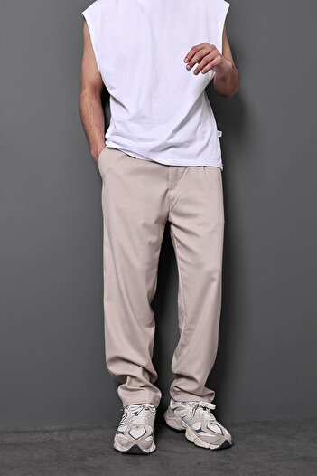 Slatra Men's Beige Baggy Fit Linen Fabric Trousers