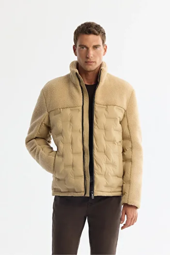 Avva Beige Men's Inflatable Plush Coat - Stand Collar, Water Repellent, Windproof A42Y6017