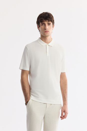 Avva Men's Regular Fit Ecru Polo Neck Basic Rayon Knitwear T-Shirt A51Y5035